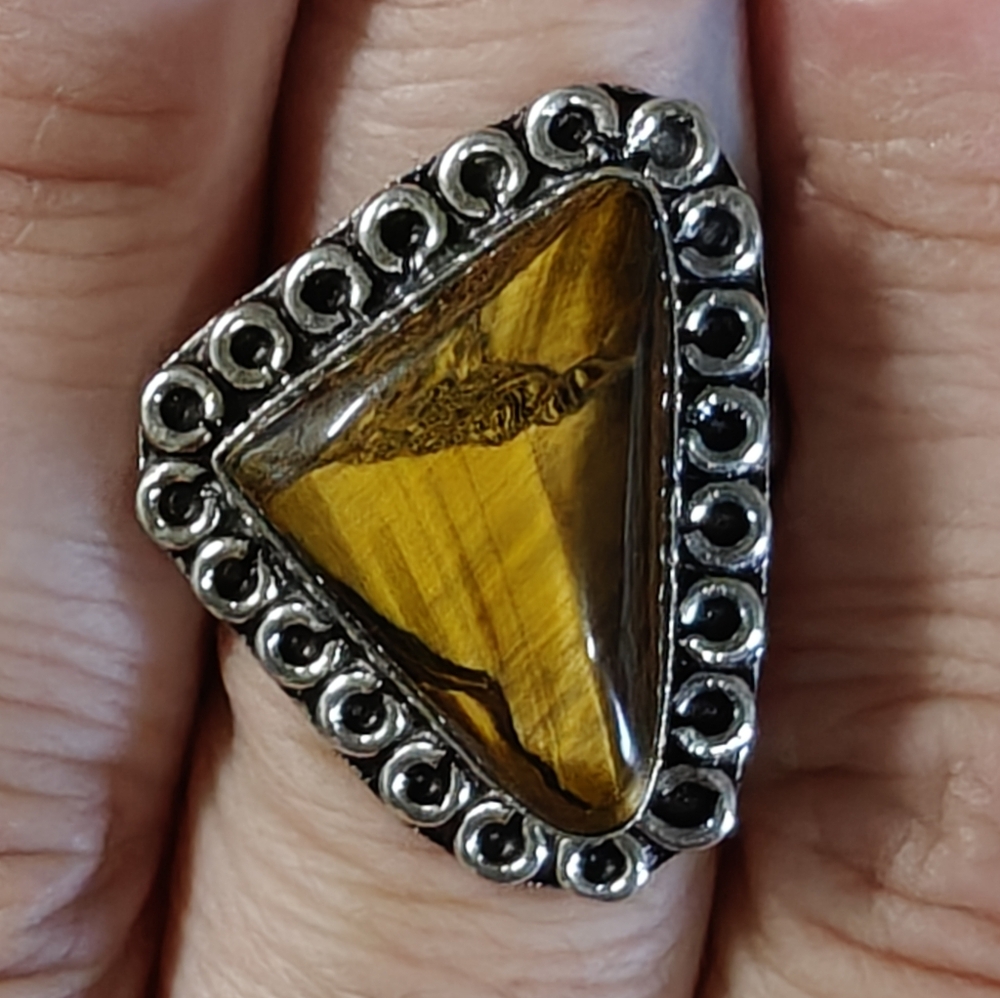 Triangular Silver and Gold Stone Ring